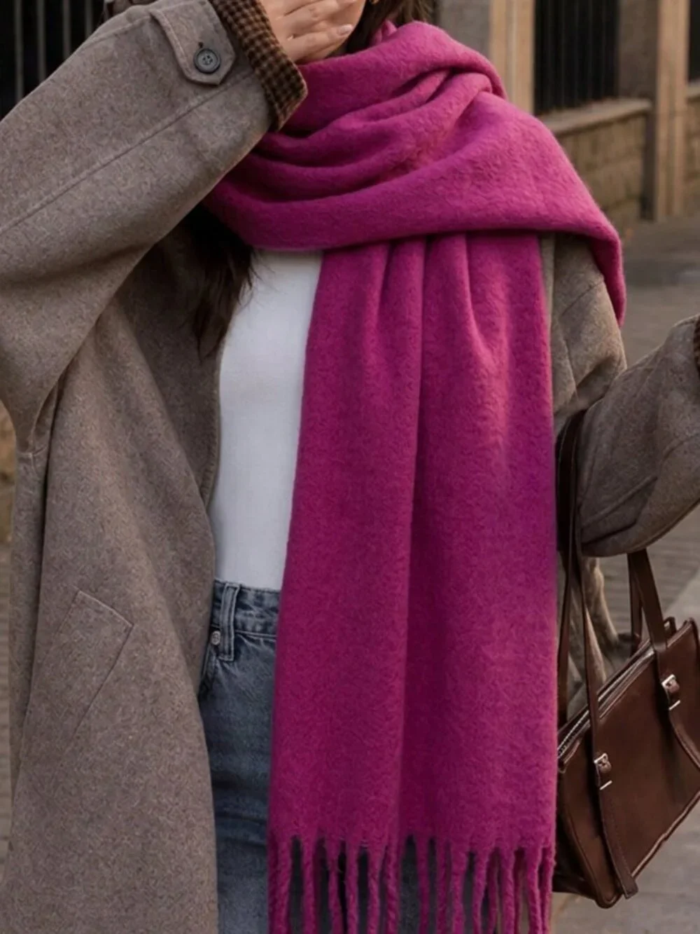 Pink Casual Women's Cozy warm Large Fluffy Tassel Scarf